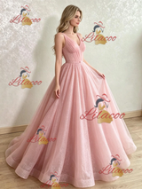 Pink Tulle Sequins V-neck Prom Dress