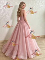 Pink Tulle Sequins V-neck Prom Dress