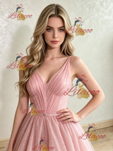 Pink Tulle Sequins V-neck Prom Dress