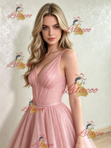 Pink Tulle Sequins V-neck Prom Dress