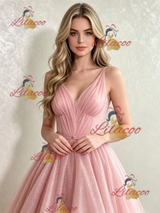 Pink Tulle Sequins V-neck Prom Dress