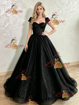 Black Sequins Cap Sleeve Prom Dress