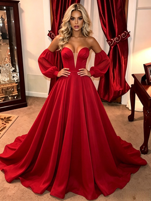 Red Long Sleeve Strapless Prom Dress