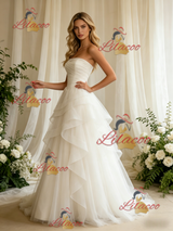 White Tulle Strapless Pleats Wedding Dress