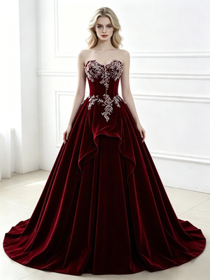 Bugrundy Velvet Strapless Appliques Prom Dress