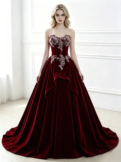 Bugrundy Velvet Strapless Appliques Prom Dress