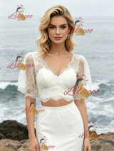 White Mermaid Two Piece Puff Sleeve Wedding Dress