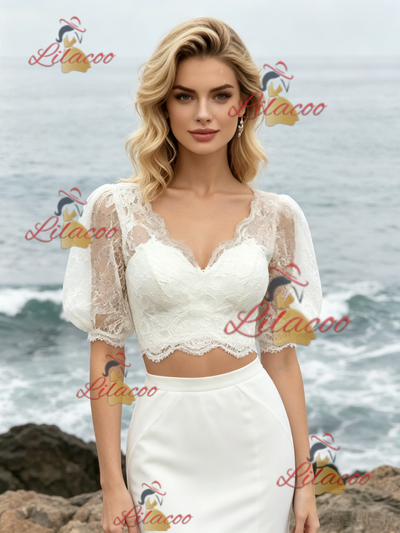 White Mermaid Two Piece Puff Sleeve Wedding Dress