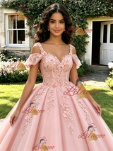 Pink Tulle Straps 3D Flower Quinceanera Dress