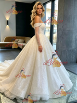 White Sequins Long Sleeve Off the Shoulder Wedding Dress