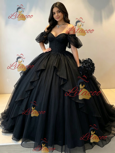 Black Off the Shoulder Tulle Quinceanera Dress