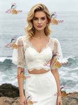 White Mermaid Two Piece Puff Sleeve Wedding Dress