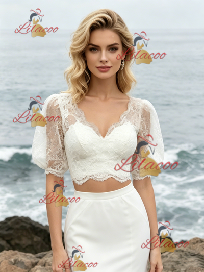 White Mermaid Two Piece Puff Sleeve Wedding Dress