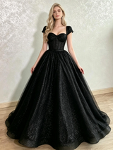 Black Sequins Cap Sleeve Prom Dress