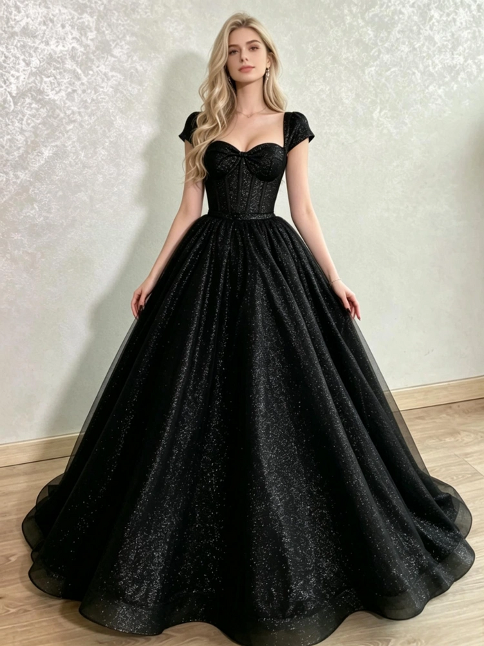 Black Sequins Cap Sleeve Prom Dress