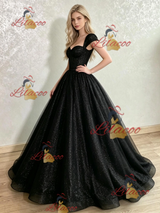 Black Sequins Cap Sleeve Prom Dress