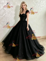Black Sequins Cap Sleeve Prom Dress
