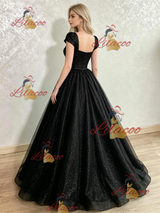 Black Sequins Cap Sleeve Prom Dress