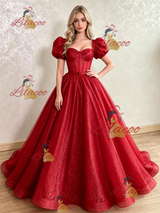 Red Sequins Puff Sleeve Prom Dress