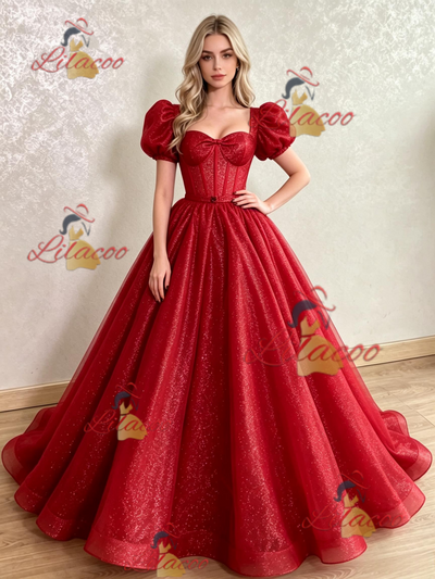 Red Sequins Puff Sleeve Prom Dress