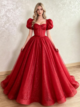 Red Sequins Puff Sleeve Prom Dress