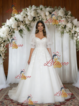 White Tulle Appliques Puff Sleeve Wedding Dress