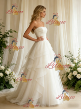 White Tulle Strapless Pleats Wedding Dress