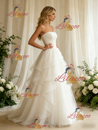 White Tulle Strapless Pleats Wedding Dress