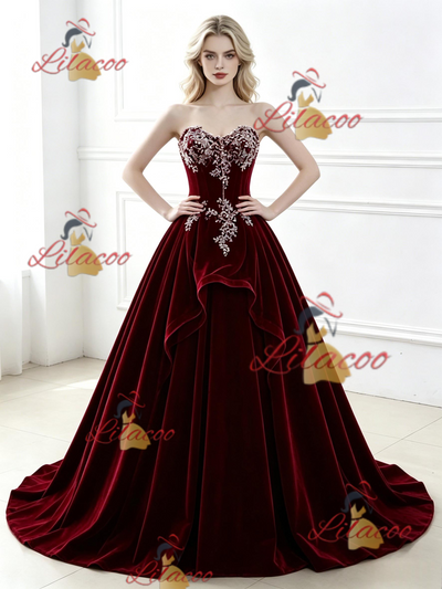 Bugrundy Velvet Strapless Appliques Prom Dress