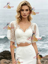White Mermaid Two Piece Puff Sleeve Wedding Dress
