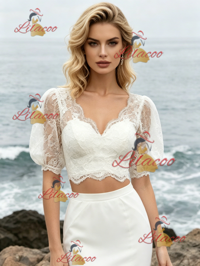 White Mermaid Two Piece Puff Sleeve Wedding Dress