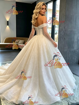 White Sequins Long Sleeve Off the Shoulder Wedding Dress