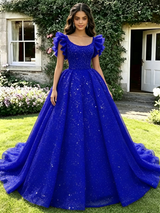 Blue Sequins Straps Quinceanera Dress