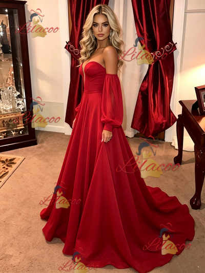 Red Long Sleeve Strapless Prom Dress