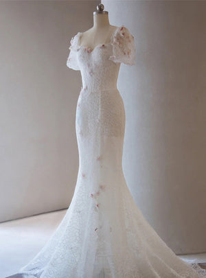 White Mermaid Lace Flower Prom Dress
