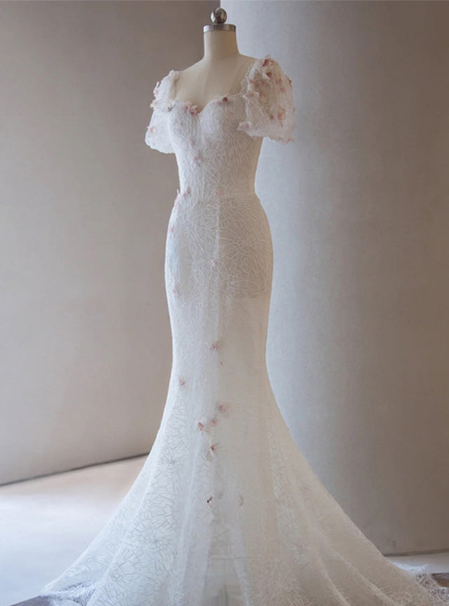 White Mermaid Lace Flower Prom Dress
