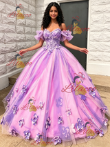 Purple Tulle Off the Shoulder 3D Flower Quinceanera Dress