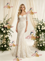 Ivory Mermaid Lace Short Sleeve Wedding Dress