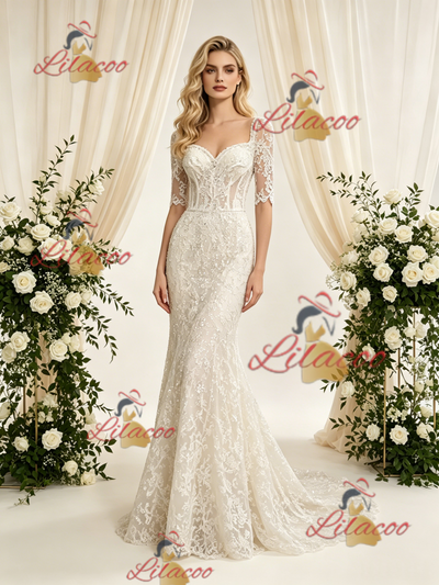 Ivory Mermaid Lace Short Sleeve Wedding Dress