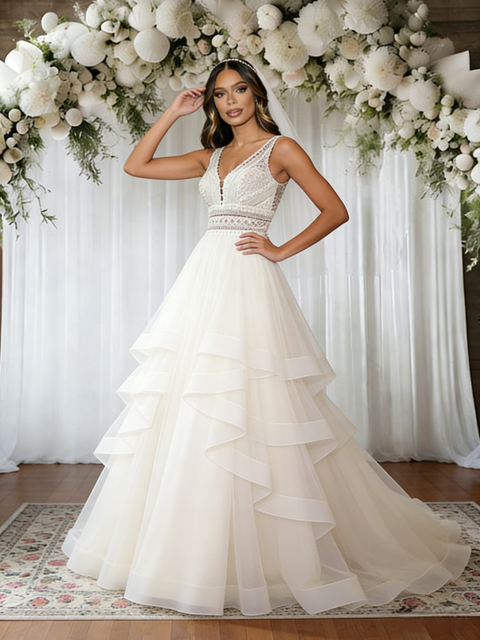 Beige White Tulle V-neck Wedding Dress