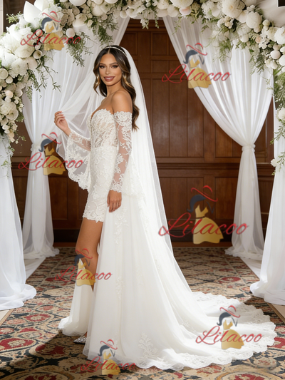White Lace Tulle Long Sleeve Wedding Dress
