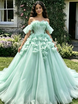 Grene Tulle Off the Shoulder 3D Flower Quinceanera Dress
