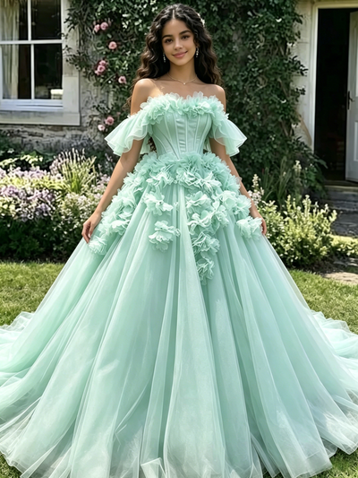 Green Tulle Off the Shoulder 3D Flower Quinceanera Dress