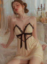 V-neck Gauze Stitching Lace Perspective Nightgown