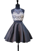 Black Satin Two Piece Beading Homecoming Dress
