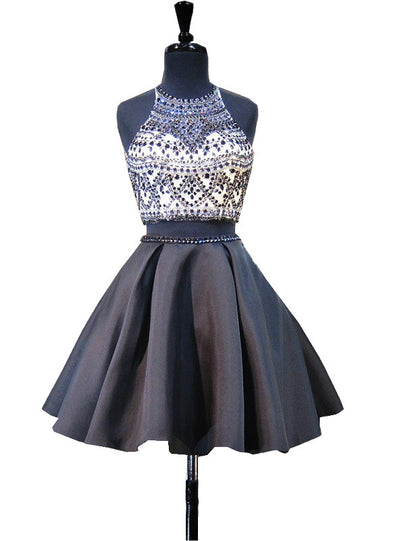 Black Satin Two Piece Beading Homecoming Dress