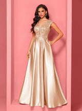 Champagne Satin V-neck Prom Dress