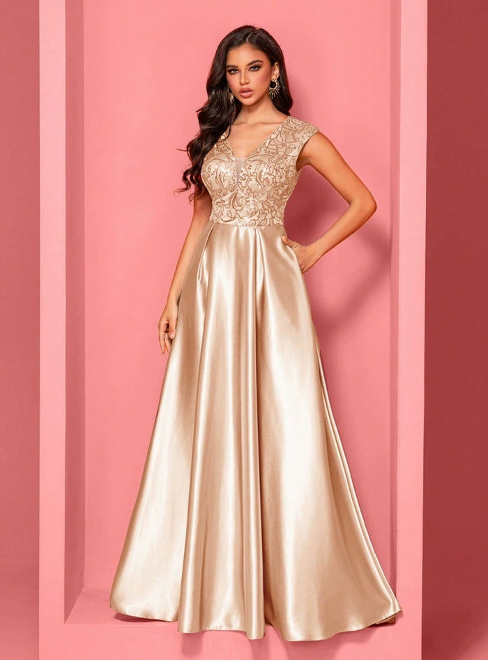 Champagne Satin V-neck Prom Dress
