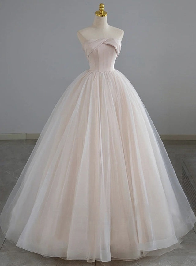 Pink Tulle Strapless Beading Prom Dress
