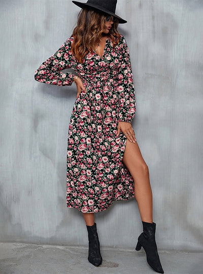 Printed Slit V-neck Long Sleeve Dress